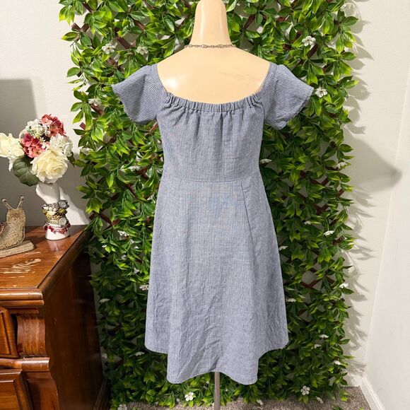 Cottagecore Dream: Off-The-Shoulder Pinstripe Blue Dress With Pockets - Picture 3 of 7